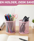 3 Pack Mesh Metal Pen Holders Set 3.5x3.8in Desk Organizer Cups for office and home with pens and tools neatly arranged