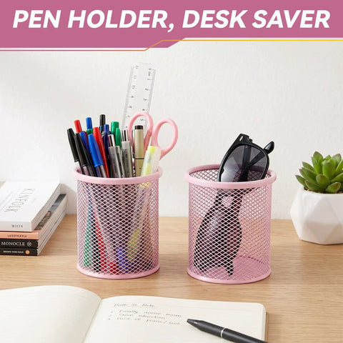 3 Pack Mesh Metal Pen Holders Set 3.5x3.8in Desk Organizer Cups for office and home with pens and tools neatly arranged