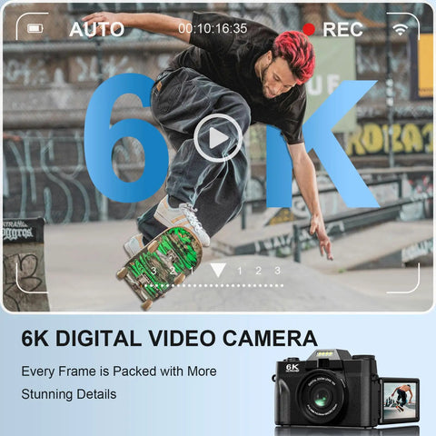 Skateboarder captured in motion by 6K 64MP Digital Camera With Flip Screen And Dual Lens For Photography And Vlogging Microphone For Video