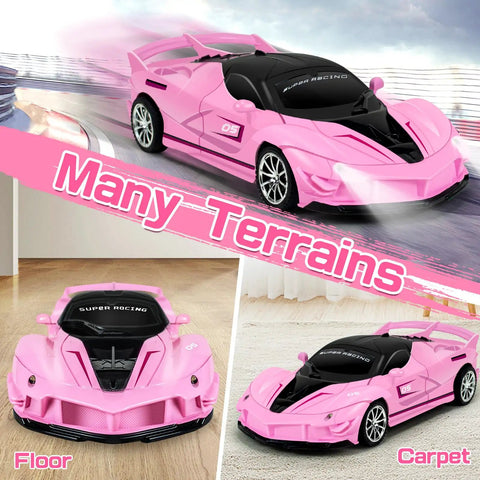 Rad Remote Control Car For Girls 1 To 18 Scale Pink Sports Racing Toy With LED Headlights, shown on track, floor, and carpet.