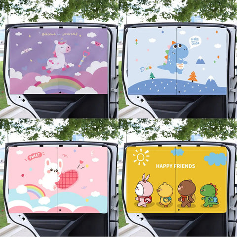 Baby Safe Car Sun Shade With Double Opening Side Window Coverage For A Private Ride Five Layer UV Blocking Mesh with unicorn, dinosaur, rabbit, and friends design. Easy Install 1 Pack.