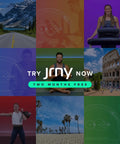 Collage showcasing Recumbent Exercise Bike With 2 Month JRNY Membership For At Home Or On The Go Workouts including landscapes and fitness