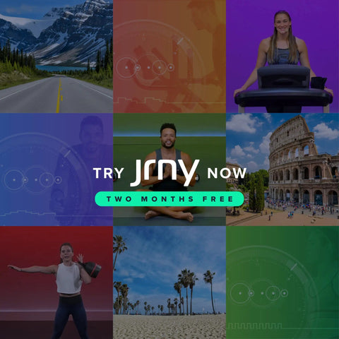 Collage showcasing Recumbent Exercise Bike With 2 Month JRNY Membership For At Home Or On The Go Workouts including landscapes and fitness