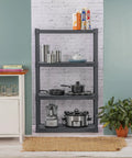 Four Shelf Heavy Duty Plastic Storage And Utility Shelving Unit For Garage Basement And Laundry Room With 50 Lb Capacity Per Shelf Durable Industrial Grade Rack For Easy Organization And Quick Access, gray, loaded with kitchen items