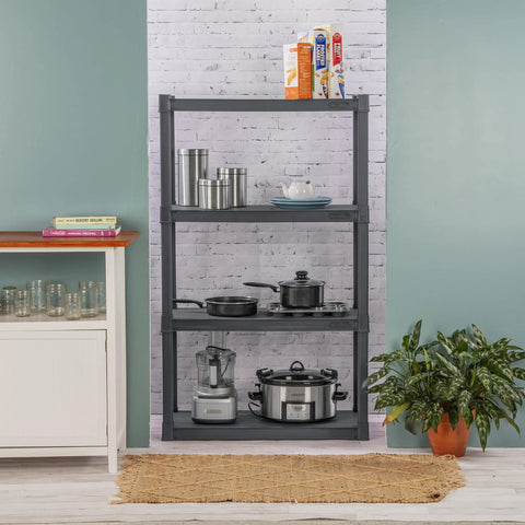 Four Shelf Heavy Duty Plastic Storage And Utility Shelving Unit For Garage Basement And Laundry Room With 50 Lb Capacity Per Shelf Durable Industrial Grade Rack For Easy Organization And Quick Access, gray, loaded with kitchen items
