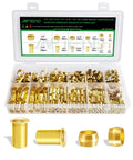 Brass Compression Sleeve Kit with 460 pieces ferrules, inserts, fittings assortment in a box for plumbing and DIY home projects.