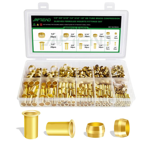 Brass Compression Sleeve Kit with 460 pieces ferrules, inserts, fittings assortment in a box for plumbing and DIY home projects.