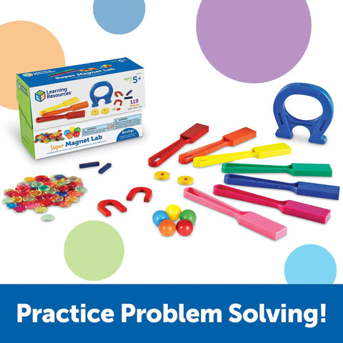 Magnet Lab Kit For Kids Ages 5 And Up With 119 Pieces STEM Toys on display with wands, magnets, and colorful marbles.