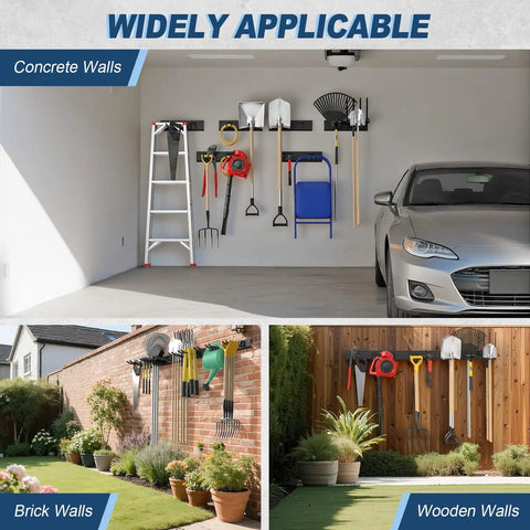 Heavy Duty Garage Wall Organizer System With Six Rails And Twelve Adjustable Hooks, 96 Inch, installed on concrete, brick, wooden walls