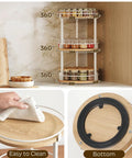 Three Tier Lazy Susan Rotating Spice Rack Featuring Smooth Ball Bearing Turntable System For Hassle Free Pantry Access White Natural Wood Countertop Organizer with jars.