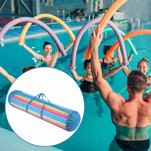 Blue Oxford Mesh Pool Noodle Storage Bag With Zipper Grab And Go Portable Swim Toy Organizer, people in pool holding noodles