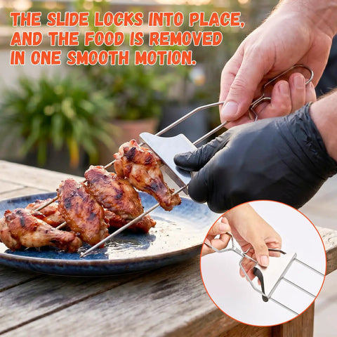 Person demonstrating 3 Way Grill Skewers With Push Off Slider 14.7 Inch Stainless Steel Kabob Sticks For Grilling Multiple Pieces Non Spin Design