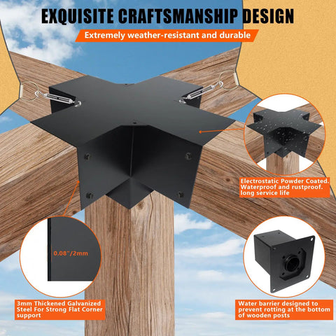 Pergola Diy Kit 4x4 With 5 Way Wood Bracket And Post Anchor, Black Powder Coated Elevated Wood Stand For Beams, Perfect For Pergolas And Gazebos, Inner Size 3.5x3.5, Heavy Duty Steel Frame