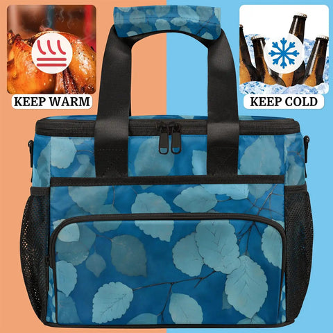 Blue Insulated Picnic Backpack Lunch Bag For Men And Women with leaf pattern showing warm and cold features, comfortable straps