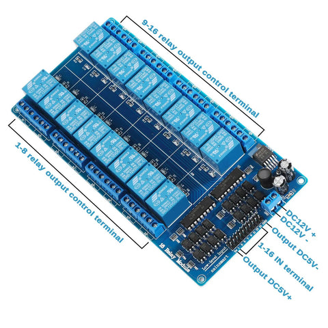 Sixteen Channel 12 Volt Relay Module Board For Arduino And Microcontrollers, 16-channel blue PCB with screw terminals