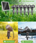 Six In One Solar Spotlight Kit For Landscape And Garden IP66 Waterproof; garden setup showing panel and six lights on grass