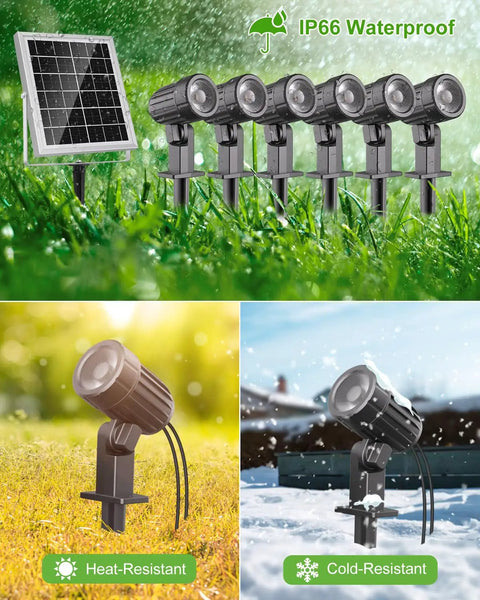 Six In One Solar Spotlight Kit For Landscape And Garden IP66 Waterproof; garden setup showing panel and six lights on grass