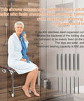 Senior woman sitting on Fold Down Teak Shower Seat Wall Mount With Legs in bathroom, screws and product details shown beside.