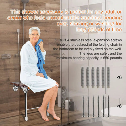 Senior woman sitting on Fold Down Teak Shower Seat Wall Mount With Legs in bathroom, screws and product details shown beside.