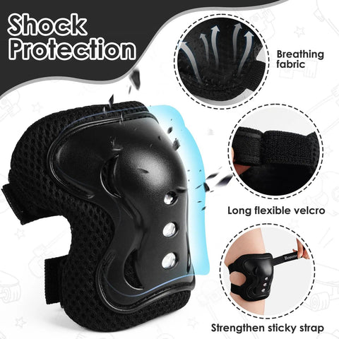 Kids Protective Gear Set Knee Pads Elbow Pads And Wrist Guards For Roller Skating Cycling BMX Bike Skateboarding Inline Skating And Scooter Riding Black Small 3 To 8 Years Kid Friendly All In One Safety Kit with breathable fabric and velcro strap details.