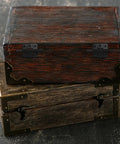 Two wooden boxes stacked, showing vintage iron hinge set for jewelry boxes and craft boxes on upper box.