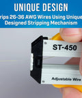 Close-up of Adjustable Precision Wire Stripper for 26-36 AWG Wires with Hardened Steel Blade in use, featuring unique design.