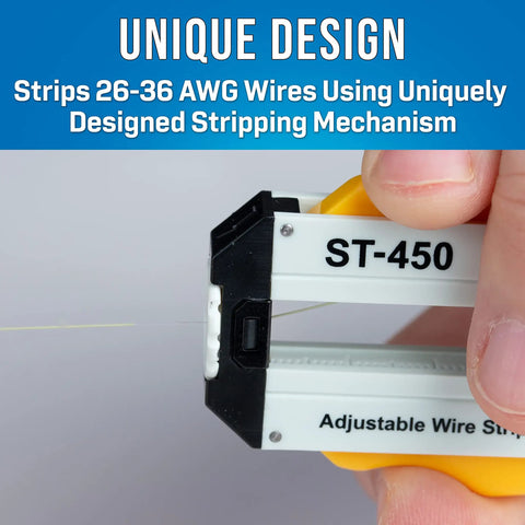 Close-up of Adjustable Precision Wire Stripper for 26-36 AWG Wires with Hardened Steel Blade in use, featuring unique design.