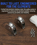 Heavy Duty V Groove Pulley Wheel 304 Stainless Steel Flagpole Riser Kit with rope and screws on wooden background.