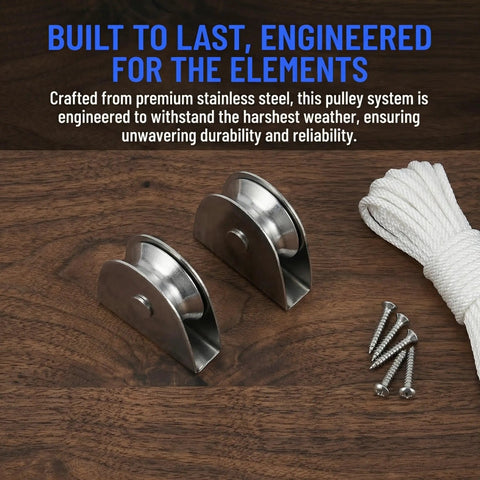Heavy Duty V Groove Pulley Wheel 304 Stainless Steel Flagpole Riser Kit with rope and screws on wooden background.