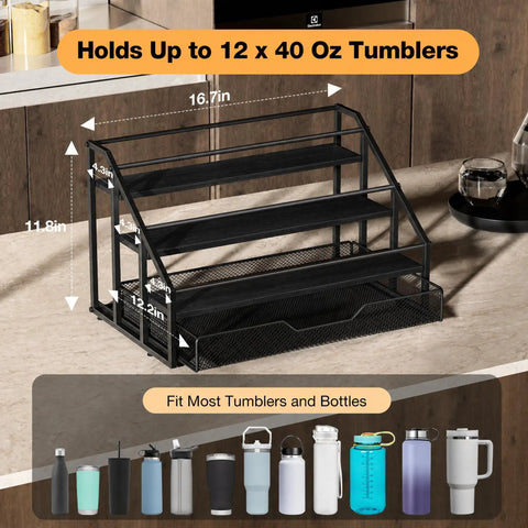 4-Tier Cup Holder Rack For Stanley 40 Oz Tumblers And Water Bottles, dimensions displayed with cups below on kitchen counter