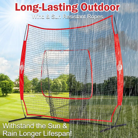 Portable 7x7 Baseball Net For Batting And Pitching, Oversized Hitting Net With Carry Bag on grassy field under mixed weather