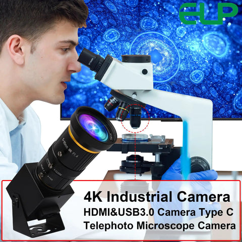 Man using 4K Industrial Camera with HDMI & USB 3.0 Type C, attached to a microscope for telephoto purposes.