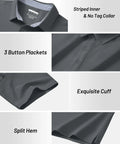 Men's Polo Shirt Moisture Wicking Performance Short Sleeve Cotton Pique 3 Button Classic Fit Casual Tee Ideal For Golf And Summer Breathable Durable Dark Gray showing collar, placket, cuff, and hem details.