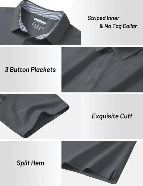 Men's Polo Shirt Moisture Wicking Performance Short Sleeve Cotton Pique 3 Button Classic Fit Casual Tee Ideal For Golf And Summer Breathable Durable Dark Gray showing collar, placket, cuff, and hem details.