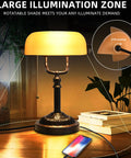 Bankers Desk Lamp With USB Port, Dope Rustic Oil Rubbed Bronze Finish with Amber Yellow Glass Shade on a wooden desk