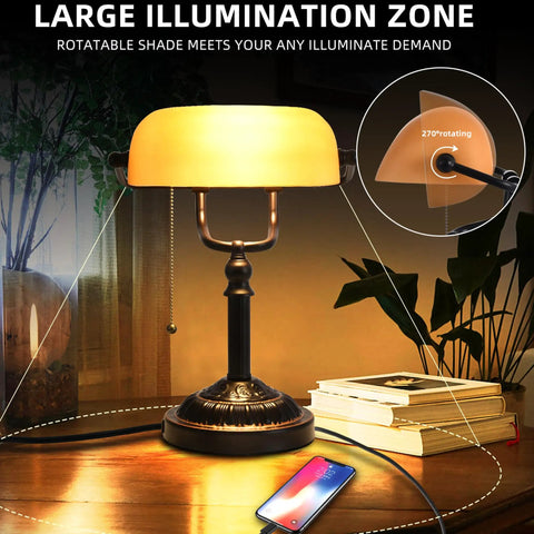 Bankers Desk Lamp With USB Port, Dope Rustic Oil Rubbed Bronze Finish with Amber Yellow Glass Shade on a wooden desk