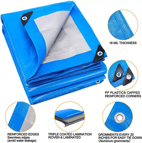 Heavy Duty Waterproof Tarp 20x30 Blue Poly Tarpaulin 16 Mil Thick With Metal Grommets Every 19.5 Inches Ideal Outdoor Shelter Camping