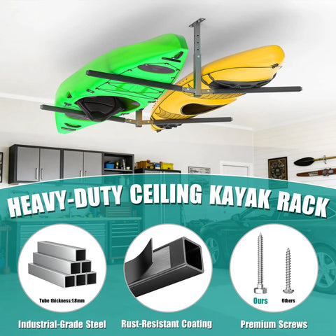 Overhead Ceiling Kayak Storage Rack For Garage Holds Two Kayaks Up To 200 Lbs Heavy Duty Universal Fit For Kayaks SUPs Surfboards