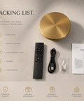 DANCYHOME 6.7" Rechargeable LED Wall Sconce in Brushed Brass with remote, USB cable, screws, and user manual.