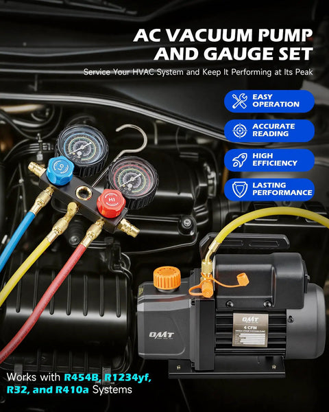 Top Shelf 4 Cfm Ac Vacuum Pump With Manifold Gauge Set And Digital Leak Detector For R1234yf R454b R410a R32 Auto Air Conditioning Repair Kit Slick No Hassle Setup showing gauges and pump.