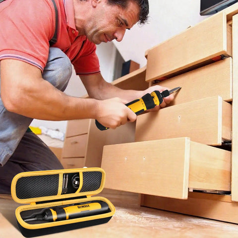 Person using DEWALT FlexDrive cordless screwdriver near a wooden drawer, with Hard Travel Case For DEWALT FlexDrive Cordless Screwdriver DWHT66719 With Pro Grade Tough Build Secure Fit Sturdy Handle Black Case And Yellow Zipper For Easy Grab And Go Storage visible in the foreground.