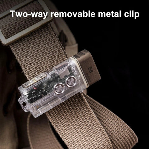 Dope 700 Lumen USB C Rechargeable EDC Flashlight with Dual Power clipped to bag strap, showcasing multifunctional sidelight.