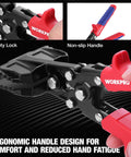 WORKPRO 3-Inch sheet metal bender and seamer tool with red ergonomic handle and steel jaws (front view).