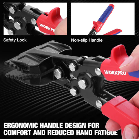 WORKPRO 3-Inch sheet metal bender and seamer tool with red ergonomic handle and steel jaws (front view).