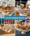 Collage of completed 3D Wooden Sailboat Puzzle Kit For Adults, Vintage Watercraft Model To Build, Totally Relaxing Craft Gift Idea For Ship Lovers, Handmade Wooden Ship Model DIY Project on display.