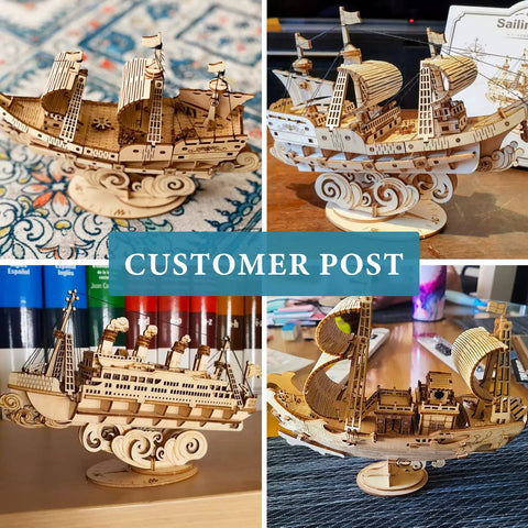 Collage of completed 3D Wooden Sailboat Puzzle Kit For Adults, Vintage Watercraft Model To Build, Totally Relaxing Craft Gift Idea For Ship Lovers, Handmade Wooden Ship Model DIY Project on display.