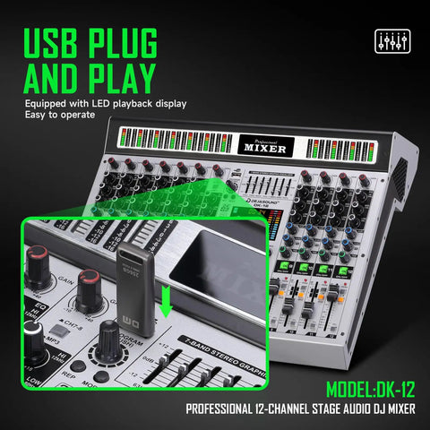 12 Channel Professional Audio Mixer For Podcast, Live Sound, And Studio Use With XLR Inputs, Bluetooth, USB Interface