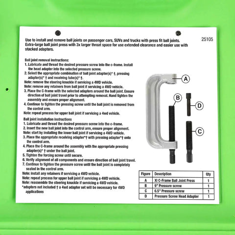 XL C Frame Ball Joint Press Kit For Trucks Beast Built Heavy Duty Tool instructions with labeled parts A, B, C, D.