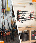 Wall And Ceiling Mounted Fishing Rod Rack Holds Up To 10 Rods Space Saver For Gear In Garage Declutter Your Space With A Durable Wall Mount Or Ceiling Mount Rack For Home Shop Or Boat installed in a garage with rods