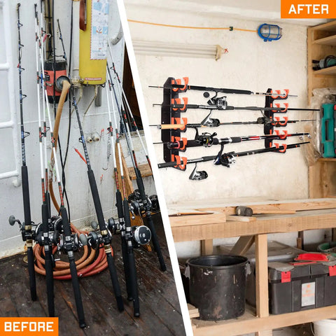 Wall And Ceiling Mounted Fishing Rod Rack Holds Up To 10 Rods Space Saver For Gear In Garage Declutter Your Space With A Durable Wall Mount Or Ceiling Mount Rack For Home Shop Or Boat installed in a garage with rods